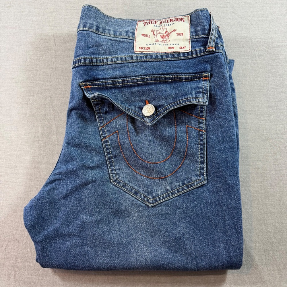 True Religion Geno Relaxed Slim Jeans Mens 37x31 Blue Excellent Horseshoe Stitch